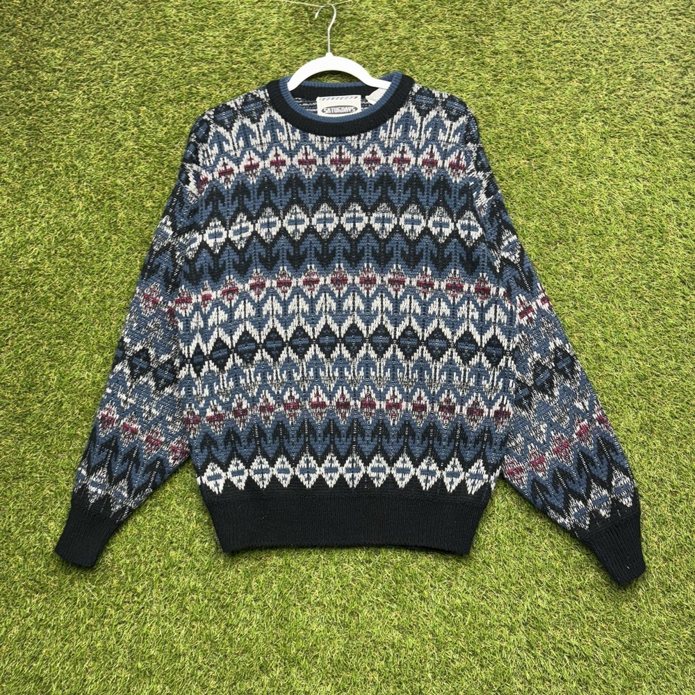Saturdays Sweater Mens Large Knit Geometric Pattern Pullover Acrylic Blue Black